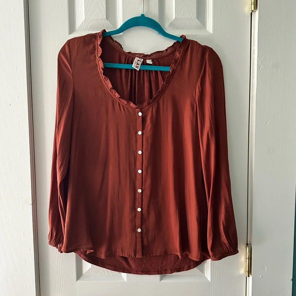 Dolan Left Coast Collection Rust Ruffle Neck Button Front Blouse | Size S - Picture 2 of 7